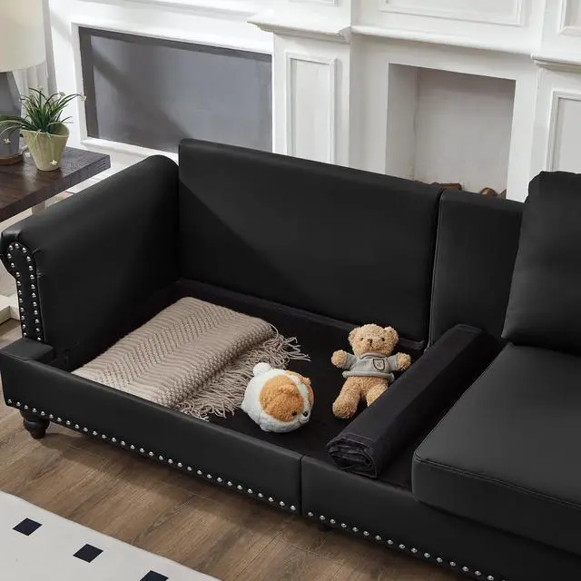 Alt view image 6 of 7 - Modern Classic Design with Nails Living Room 2+3 seater Loveseat & Sofa Leather Couch,Upholstered Imitation Cowhide Leather Black