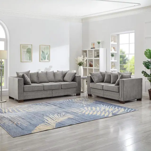 Alt view image 2 of 7 - Modern Design Living Room Sofa 2+3 Seater Square armrest with Silver Nails Decoration Upholstered Velvet Couch Grey