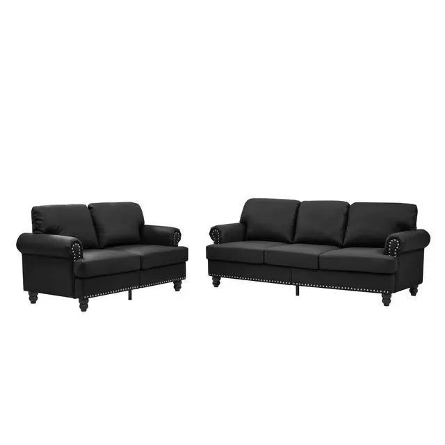 Alt view image 3 of 7 - Modern Classic Design with Nails Living Room 2+3 seater Loveseat & Sofa Leather Couch,Upholstered Imitation Cowhide Leather Black