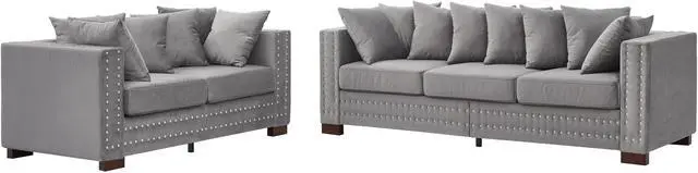 Alt view image 3 of 7 - Modern Design Living Room Sofa 2+3 Seater Square armrest with Silver Nails Decoration Upholstered Velvet Couch Grey