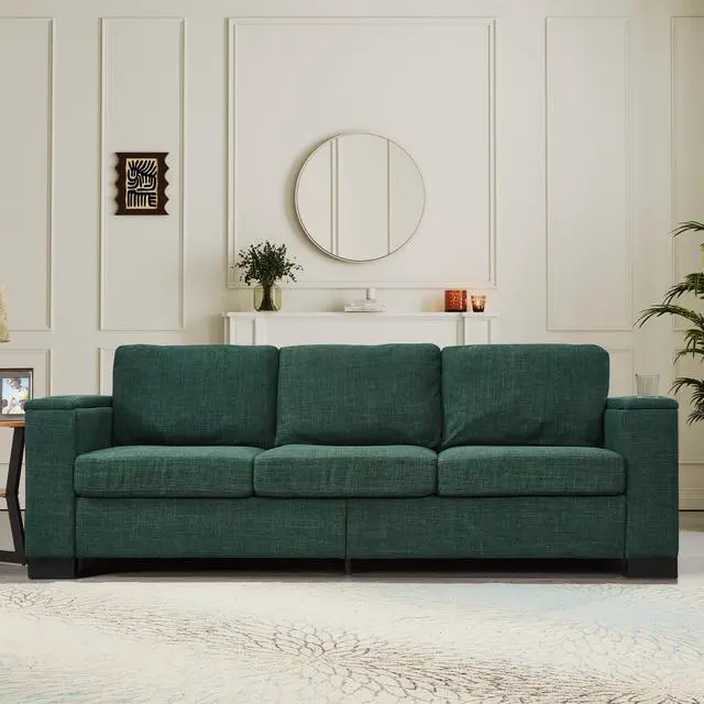 Alt view image 3 of 7 - 93.7" Modern Style Living Room Sofa Fabric Couch,Square Arm Sofa with Cup Holder,Storage Sofa,Upholstered Polyester Green.