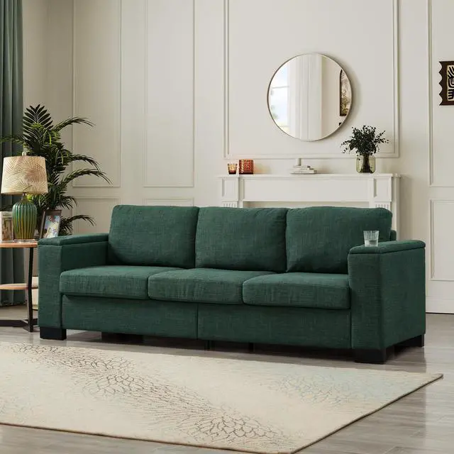 Main image of 93.7" Modern Style Living Room Sofa Fabric Couch,Square Arm Sofa with Cup Holder,Storage Sofa,Upholstered Polyester Green.