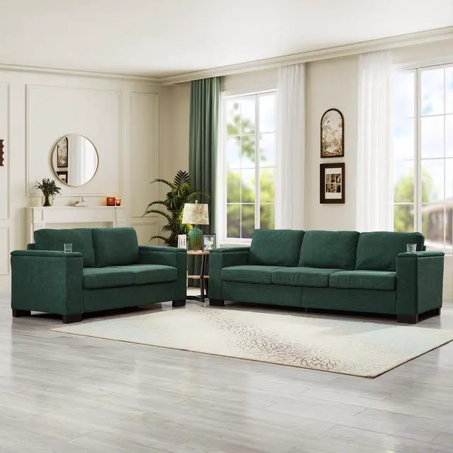 Alt view image 2 of 7 - Two Pieces 2+3 Seater Sofa Modern Style Living Room Sofa Fabric Couch,Square Arm Sofa with Cup Holder,Storage Sofa,Upholstered Polyester Green