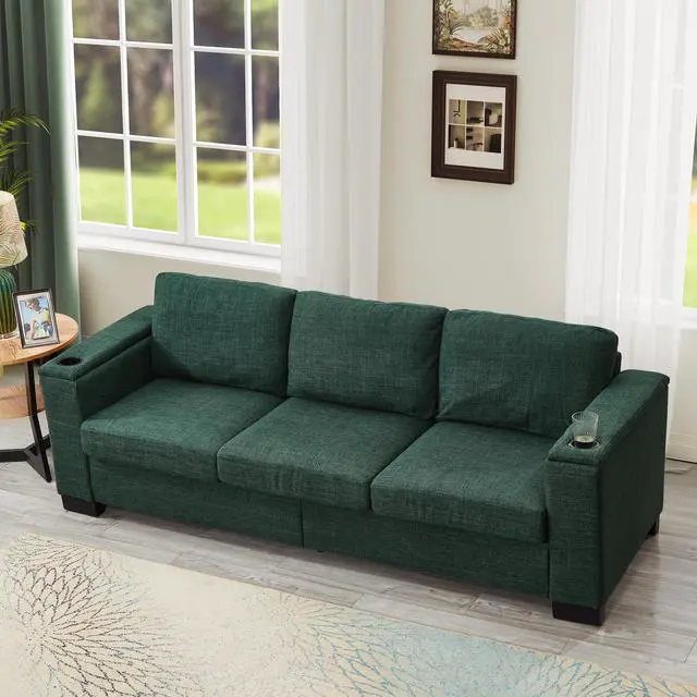 Alt view image 3 of 7 - Two Pieces 2+3 Seater Sofa Modern Style Living Room Sofa Fabric Couch,Square Arm Sofa with Cup Holder,Storage Sofa,Upholstered Polyester Green