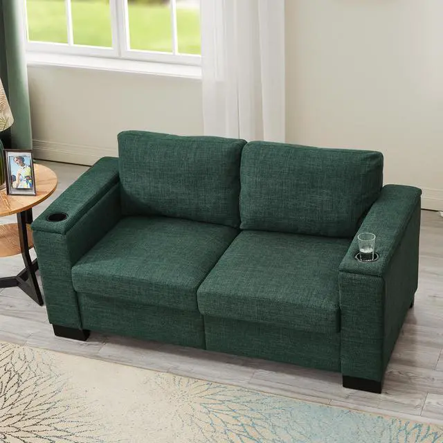 Alt view image 4 of 7 - Two Pieces 2+3 Seater Sofa Modern Style Living Room Sofa Fabric Couch,Square Arm Sofa with Cup Holder,Storage Sofa,Upholstered Polyester Green