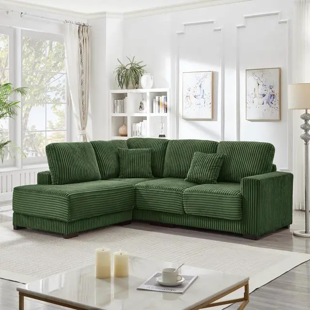 Alt view image 2 of 7 - 93" Sectional Sofa, L Shaped Sofa Couch with Reversible Chaise Lounge, Upholstered Soft Corduroy Couch for Living Room, Apartment (Green)