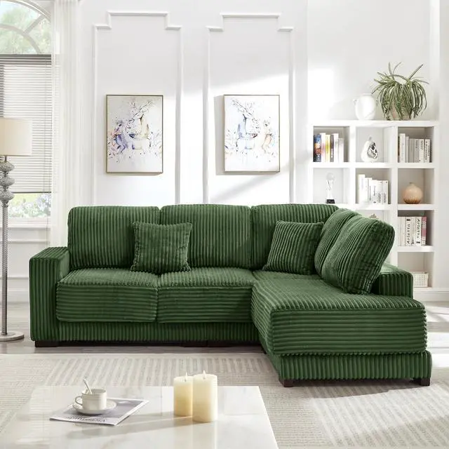 Alt view image 4 of 7 - 93" Sectional Sofa, L Shaped Sofa Couch with Reversible Chaise Lounge, Upholstered Soft Corduroy Couch for Living Room, Apartment (Green)