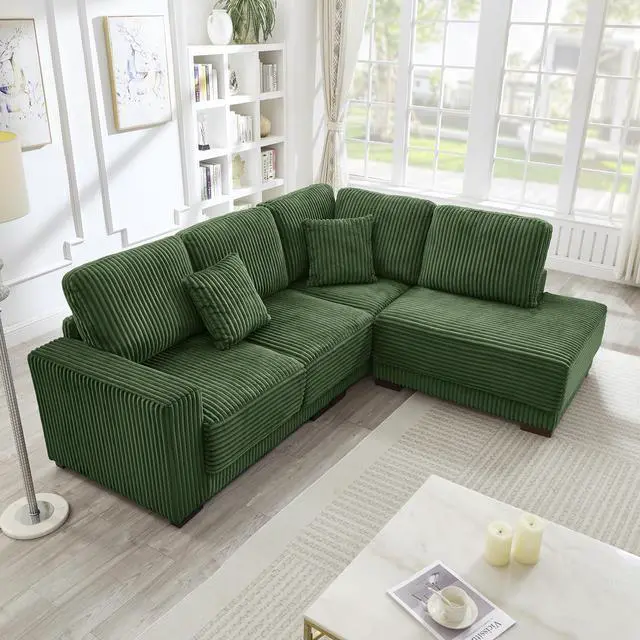 Alt view image 3 of 7 - 93" Sectional Sofa, L Shaped Sofa Couch with Reversible Chaise Lounge, Upholstered Soft Corduroy Couch for Living Room, Apartment (Green)