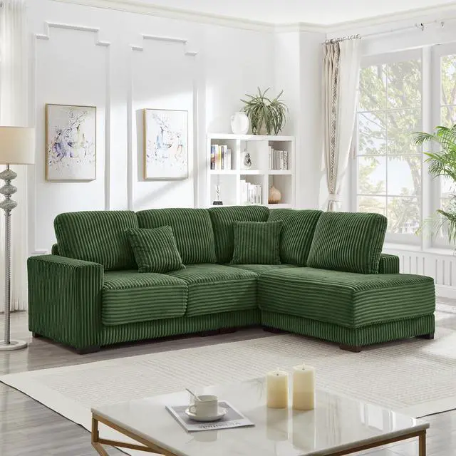 Main image of 93" Sectional Sofa, L Shaped Sofa Couch with Reversible Chaise Lounge, Upholstered Soft Corduroy Couch for Living Room, Apartment (Green)