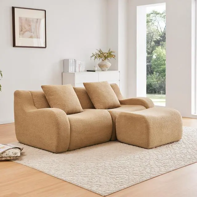 Main image of L-Shaped Teddy Fabric 2-Seat Boneless Sofa,No Assembly Required Curved Armrest,Streamlined Design Ergonomic Design,32D High Density Sponge For Living Rooms Rest Areas Bedroom,Camel
