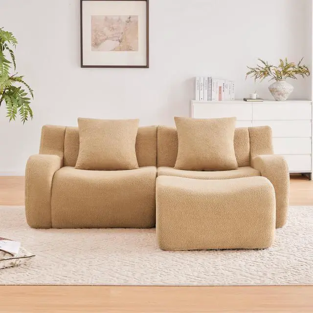 Alt view image 3 of 7 - L-Shaped Teddy Fabric 2-Seat Boneless Sofa,No Assembly Required Curved Armrest,Streamlined Design Ergonomic Design,32D High Density Sponge For Living Rooms Rest Areas Bedroom,Camel