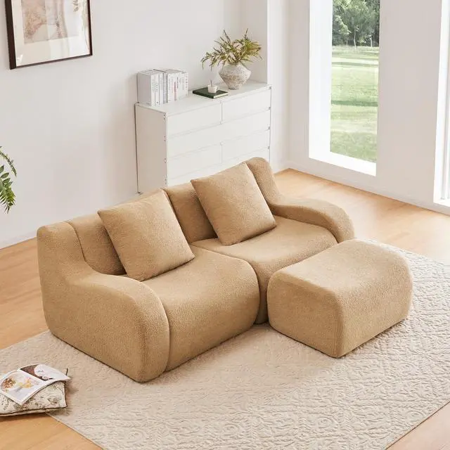 Alt view image 2 of 7 - L-Shaped Teddy Fabric 2-Seat Boneless Sofa,No Assembly Required Curved Armrest,Streamlined Design Ergonomic Design,32D High Density Sponge For Living Rooms Rest Areas Bedroom,Camel