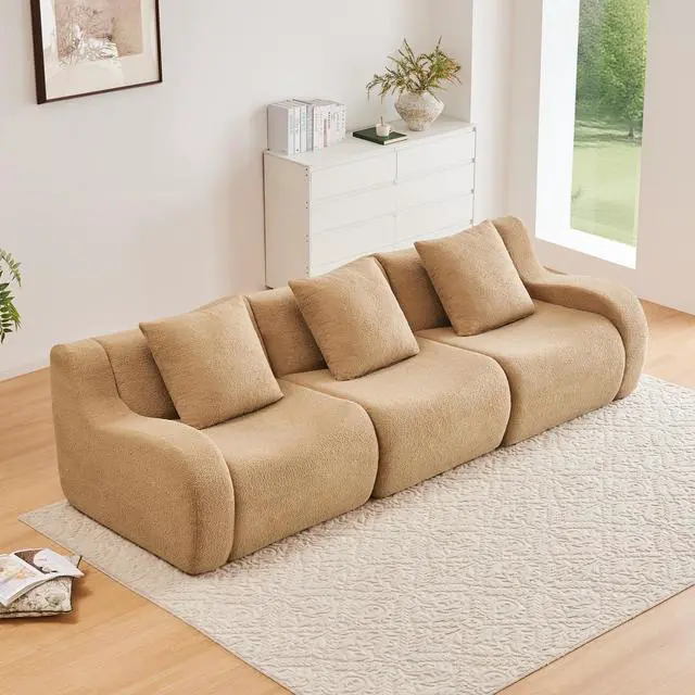 Alt view image 2 of 7 - Boneless Sofa,3 Seat High-Quality Teddy Fabric,Anti-Slip Design,No Assembly Curved Armrests Streamlined Design,32D High Density Sponge For Living Rooms Bedrooms Reading Nook,Camel