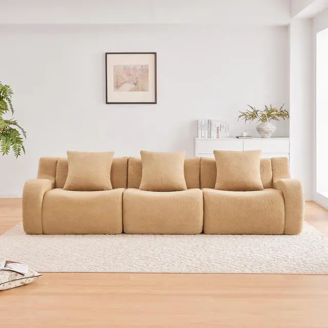 Alt view image 3 of 7 - Boneless Sofa,3 Seat High-Quality Teddy Fabric,Anti-Slip Design,No Assembly Curved Armrests Streamlined Design,32D High Density Sponge For Living Rooms Bedrooms Reading Nook,Camel