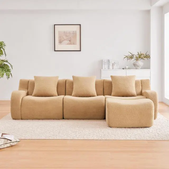 Alt view image 3 of 7 - Boneless Sofa,3 Seat High-Quality Teddy Fabric,Anti-Slip Design,No Assembly Curved Armrests Streamlined Design,Assembly Chaise 32D High Density Sponge For Living Rooms Bedrooms,Camel