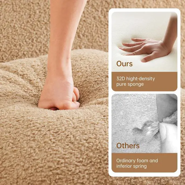 Alt view image 6 of 7 - Boneless Sofa,3 Seat High-Quality Teddy Fabric,Anti-Slip Design,No Assembly Curved Armrests Streamlined Design,Assembly Chaise 32D High Density Sponge For Living Rooms Bedrooms,Camel