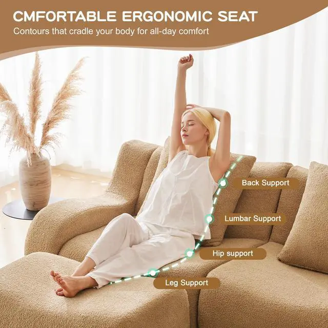 Alt view image 7 of 7 - Boneless Sofa,3 Seat High-Quality Teddy Fabric,Anti-Slip Design,No Assembly Curved Armrests Streamlined Design,Assembly Chaise 32D High Density Sponge For Living Rooms Bedrooms,Camel