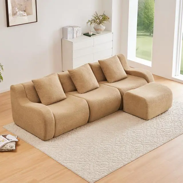 Alt view image 2 of 7 - Boneless Sofa,3 Seat High-Quality Teddy Fabric,Anti-Slip Design,No Assembly Curved Armrests Streamlined Design,Assembly Chaise 32D High Density Sponge For Living Rooms Bedrooms,Camel