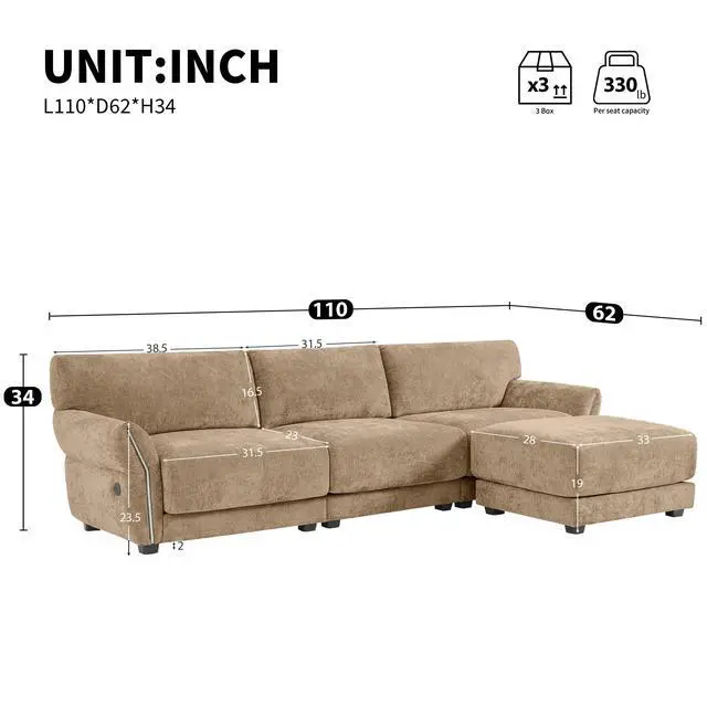 Alt view image 2 of 7 - [VIDEO]110" Modular Sectional Sofa, L-Shape with Extra-Wide Seat Cushion, USB and Type-C Charger, Petal Armrest Design, High Density Foam, Free Movement Ottoman, Wood Frame, Chenille, 4 Seat, 3 Colors