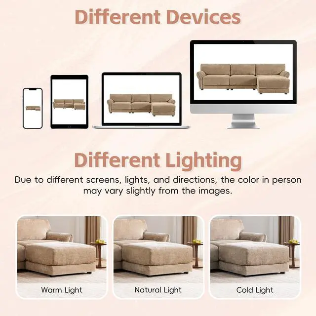 Alt view image 7 of 7 - [VIDEO]110" Modular Sectional Sofa, L-Shape with Extra-Wide Seat Cushion, USB and Type-C Charger, Petal Armrest Design, High Density Foam, Free Movement Ottoman, Wood Frame, Chenille, 4 Seat, 3 Colors