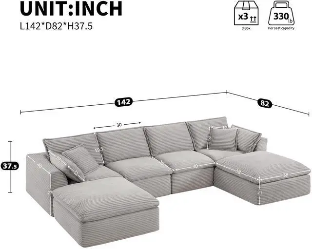 Alt view image 2 of 7 - 142*82" Fully Compressed Modular Sectional Sofa, U Shape with Ottomans, Luxury Corduroy with Extra Width&Depth Cloud Like Soft Cushion, No Assembly Required, for Living Room&Apartment,2 Colors
