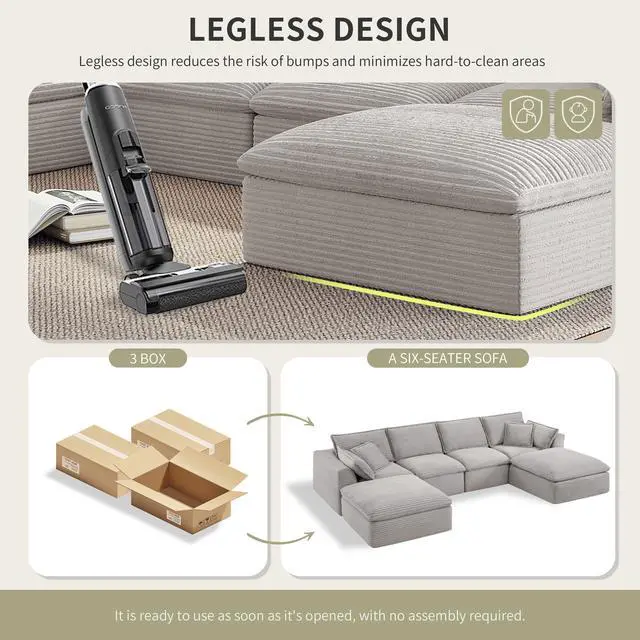 Alt view image 5 of 7 - 142*82" Fully Compressed Modular Sectional Sofa, U Shape with Ottomans, Luxury Corduroy with Extra Width&Depth Cloud Like Soft Cushion, No Assembly Required, for Living Room&Apartment,2 Colors