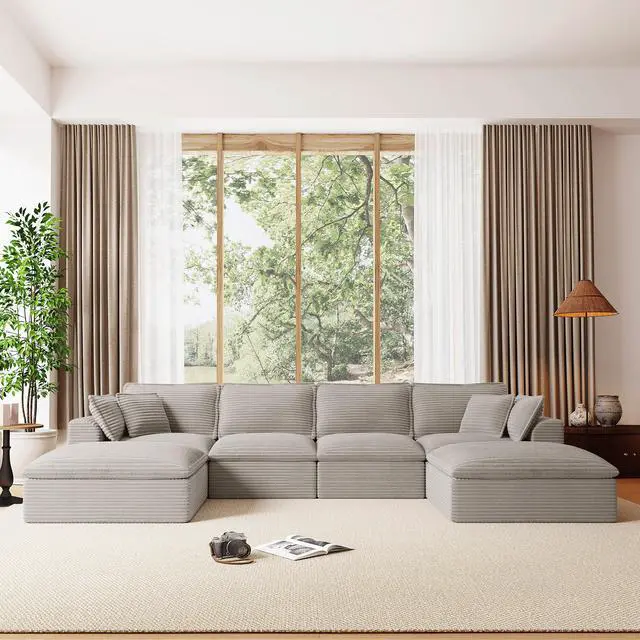 Alt view image 3 of 7 - 142*82" Fully Compressed Modular Sectional Sofa, U Shape with Ottomans, Luxury Corduroy with Extra Width&Depth Cloud Like Soft Cushion, No Assembly Required, for Living Room&Apartment,2 Colors