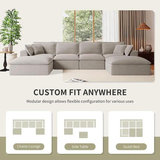 Alt view image 6 of 7 - 142*82" Fully Compressed Modular Sectional Sofa, U Shape with Ottomans, Luxury Corduroy with Extra Width&Depth Cloud Like Soft Cushion, No Assembly Required, for Living Room&Apartment,2 Colors