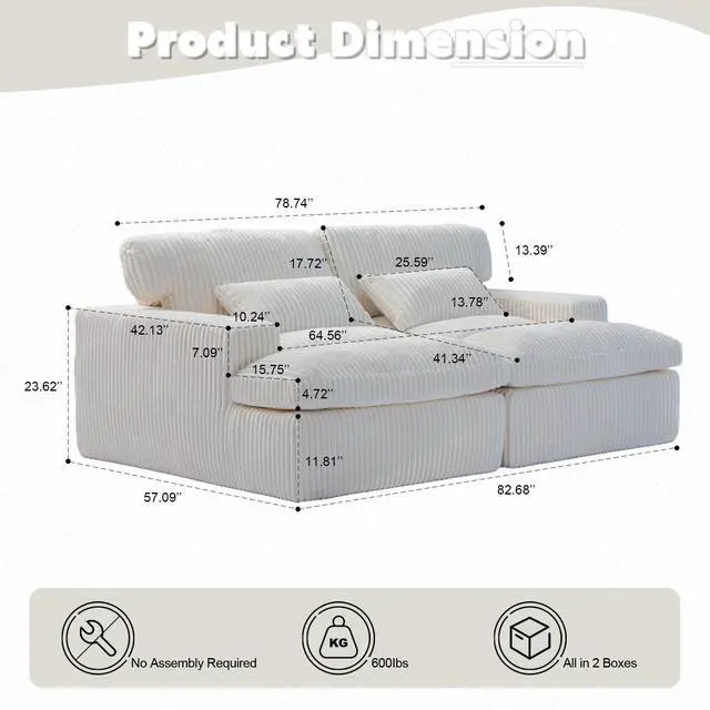 Alt view image 3 of 7 - Double Chaise Lounge Chair Indoor,Oversized Upholstered Sleeper Cloud Couch,Deep Seat Luxury Sofa Bed,Sectional Sofa Chaise Love-seat,Corduroy Reading Chair for Living Room,No Assembly Required,White