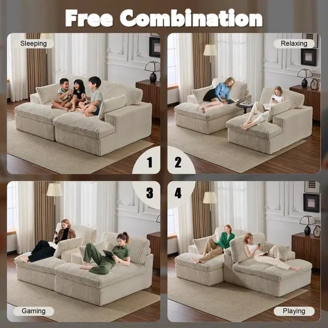 Alt view image 4 of 7 - Double Chaise Lounge Chair Indoor,Oversized Upholstered Sleeper Cloud Couch,Deep Seat Luxury Sofa Bed,Sectional Sofa Chaise Love-seat,Corduroy Reading Chair for Living Room,No Assembly Required,White