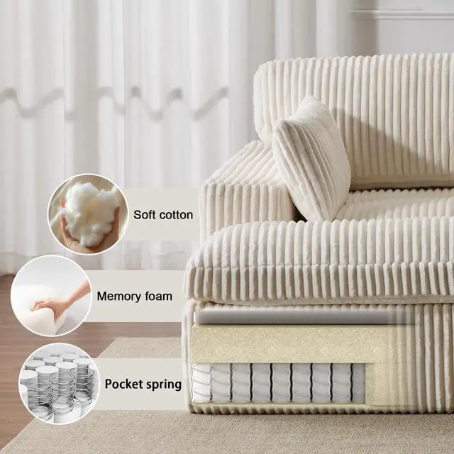 Alt view image 6 of 7 - Double Chaise Lounge Chair Indoor,Oversized Upholstered Sleeper Cloud Couch,Deep Seat Luxury Sofa Bed,Sectional Sofa Chaise Love-seat,Corduroy Reading Chair for Living Room,No Assembly Required,White