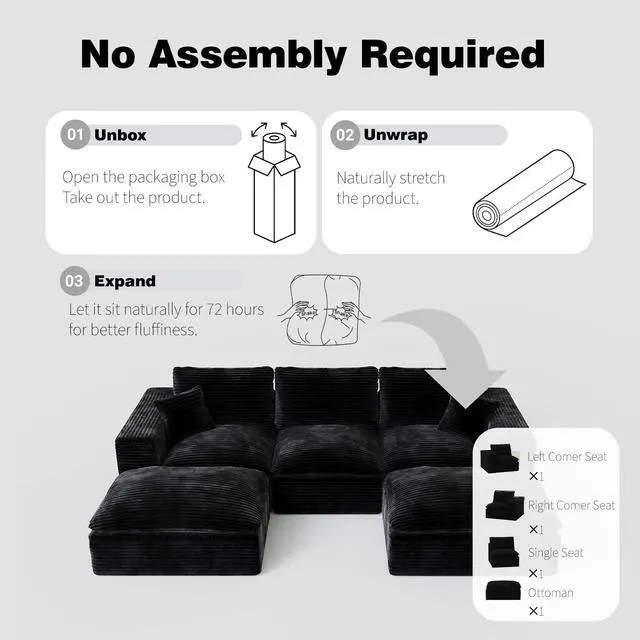 Alt view image 3 of 7 - 108" Cloud Sectional Couch with L-Shape Chaise, Left-right interchangeable,Modern Modular Sofa with Deep Seat, Upholstered Couches for Living Room Bedroom,No Assembly Required, Soft Plush Corduroy Fab