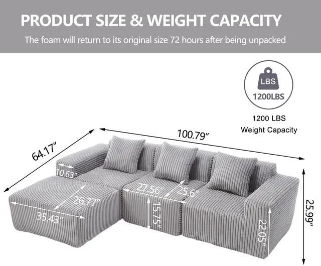 Alt view image 4 of 4 - Modern Minimalist Modular Sectional Sofa,  L-Shape Upholstered Cloud Couch with Deep Seats, Right Facing Chaise for Living Room-Light Gray