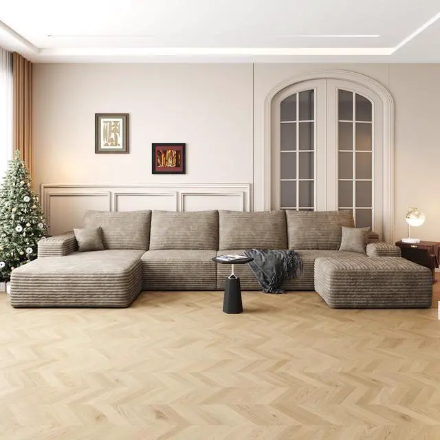 Alt view image 2 of 7 - 135" Cloud Sectional Sofa with 1 Ottoman,Modern Minimalist Upholstered Couches, Comfort U Shaped Sofa for Living Room,Deep Seat Corner Couch,No Assembly Required,Camel(Plush Corduroy Fabric)