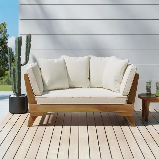 Main image of Expandable Daybed with Cushions,Outdoor Couch Acacia Wood Patio Couch with Adjustable Armrests,Outdoor Convertible Sofa with Removable Cushions&Pillows for Patio, Porch, Poolside