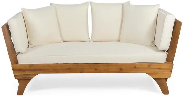 Alt view image 2 of 7 - Expandable Daybed with Cushions,Outdoor Couch Acacia Wood Patio Couch with Adjustable Armrests,Outdoor Convertible Sofa with Removable Cushions&Pillows for Patio, Porch, Poolside