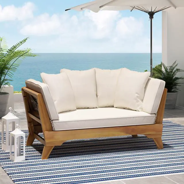 Alt view image 3 of 7 - Expandable Daybed with Cushions,Outdoor Couch Acacia Wood Patio Couch with Adjustable Armrests,Outdoor Convertible Sofa with Removable Cushions&Pillows for Patio, Porch, Poolside