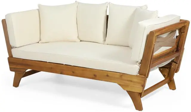 Alt view image 6 of 7 - Expandable Daybed with Cushions,Outdoor Couch Acacia Wood Patio Couch with Adjustable Armrests,Outdoor Convertible Sofa with Removable Cushions&Pillows for Patio, Porch, Poolside