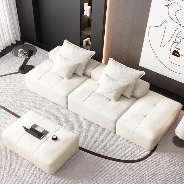 Alt view image 3 of 7 - Modern Oversized Modular Sectional Sofa with 2 Ottoman and 2 seat,Sparkling Chenille Fabric Soft Cushion Sofa with 4 Pillows,4 PCS DIY Combination Tufted Sofa,No Assembly Required,BEIGE/WHITE