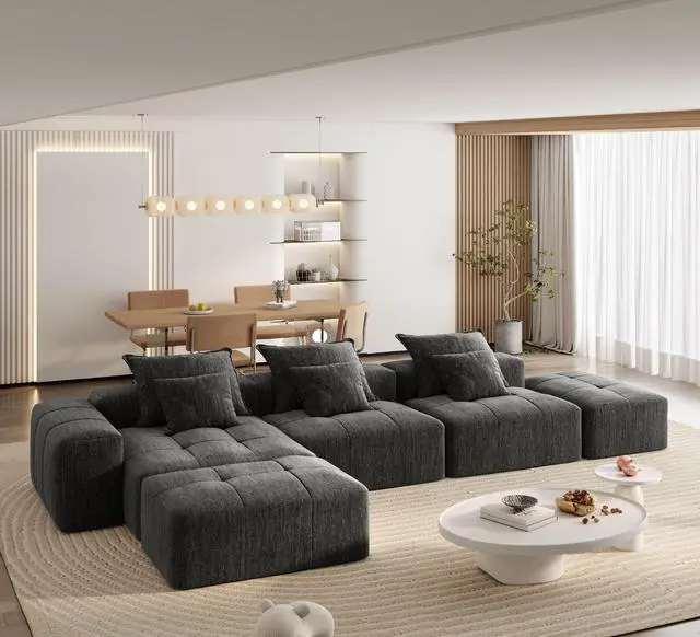 Main image of Modern Oversized Modular Sectional Sofa,Sparkling Chenille Fabric Soft Cushion Sofa with 6 Pillows,6 PCS DIY Combination Tufted Sofa,No Assembly Required,BLACK