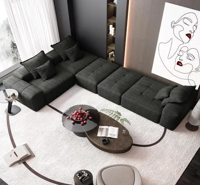 Alt view image 6 of 7 - Modern Oversized Modular Sectional Sofa,Sparkling Chenille Fabric Soft Cushion Sofa with 6 Pillows,6 PCS DIY Combination Tufted Sofa,No Assembly Required,BLACK