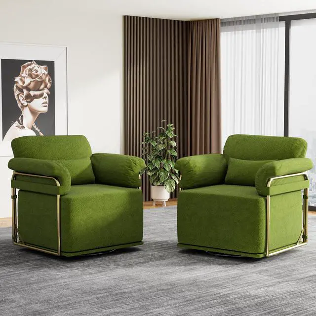 Alt view image 2 of 7 - 360 Degree Square Swivel Accent Sofa Chair,Fluffy Fabric Lounge Wide Upholstered Reading Chair with Gold Metal Legs, Comfortable Armchair for Living Room,Bedroom,Office(Green)