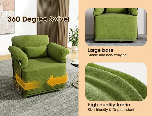Alt view image 7 of 7 - 360 Degree Square Swivel Accent Sofa Chair,Fluffy Fabric Lounge Wide Upholstered Reading Chair with Gold Metal Legs, Comfortable Armchair for Living Room,Bedroom,Office(Green)