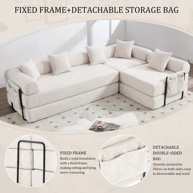 Alt view image 6 of 7 - UNITED WE WIN convertible folding sofa bed, with fixed frame and pillow back handrail, cloud corduroy folding mattress sofa, folding memory foam bed in living room/dormitory/guest room/home office/apt