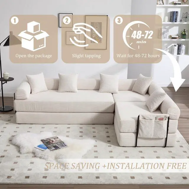 Alt view image 7 of 7 - UNITED WE WIN convertible folding sofa bed, with fixed frame and pillow back handrail, cloud corduroy folding mattress sofa, folding memory foam bed in living room/dormitory/guest room/home office/apt