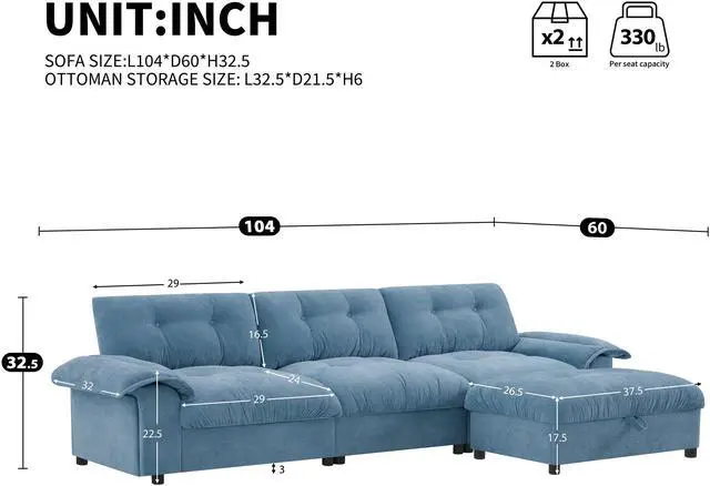 Alt view image 2 of 7 - [VIDEO]104*60" Sectional Sofa, L-Shape with Multifunctional Armrest, Dual-Port Charging, Cup Holder, Side Storage Pockets, Movable Storage Ottoman, Unique Tufted Design, Soft Cushion, Chenille,3colors