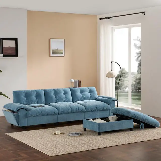 Alt view image 4 of 7 - [VIDEO]104*60" Sectional Sofa, L-Shape with Multifunctional Armrest, Dual-Port Charging, Cup Holder, Side Storage Pockets, Movable Storage Ottoman, Unique Tufted Design, Soft Cushion, Chenille,3colors