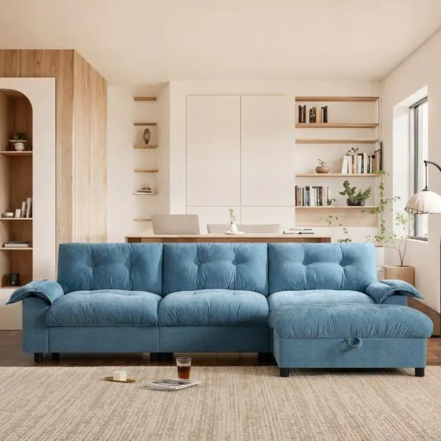 Alt view image 3 of 7 - [VIDEO]104*60" Sectional Sofa, L-Shape with Multifunctional Armrest, Dual-Port Charging, Cup Holder, Side Storage Pockets, Movable Storage Ottoman, Unique Tufted Design, Soft Cushion, Chenille,3colors