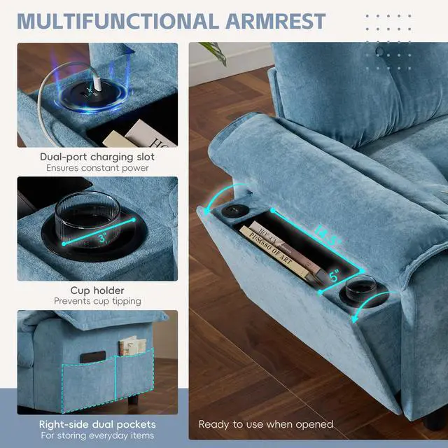 Alt view image 5 of 7 - [VIDEO]104*60" Sectional Sofa, L-Shape with Multifunctional Armrest, Dual-Port Charging, Cup Holder, Side Storage Pockets, Movable Storage Ottoman, Unique Tufted Design, Soft Cushion, Chenille,3colors