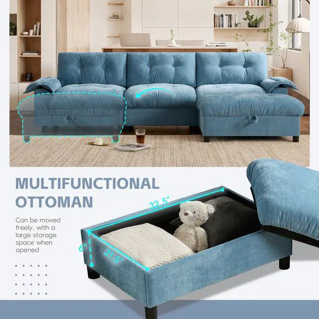 Alt view image 6 of 7 - [VIDEO]104*60" Sectional Sofa, L-Shape with Multifunctional Armrest, Dual-Port Charging, Cup Holder, Side Storage Pockets, Movable Storage Ottoman, Unique Tufted Design, Soft Cushion, Chenille,3colors